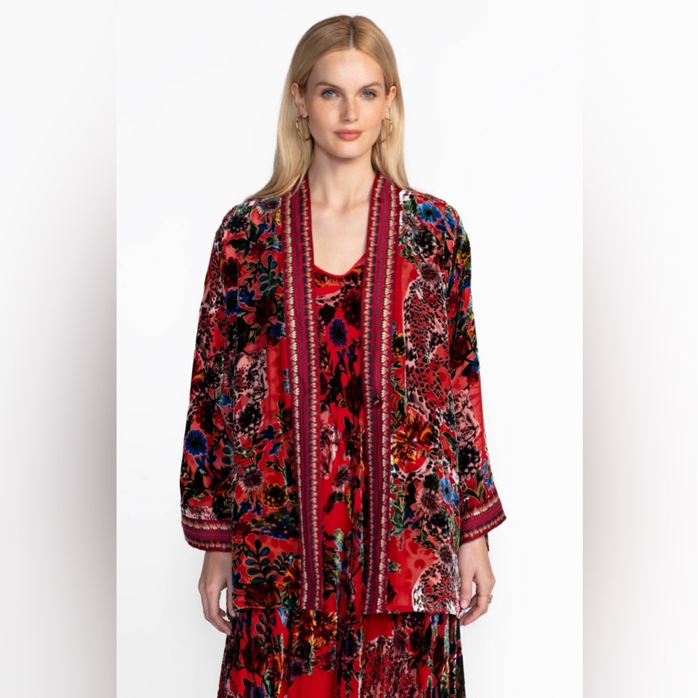 🆕 Johnny Was Merhawi Reversible Kimono Bobcat Forest Red Animal Print Maximalist
